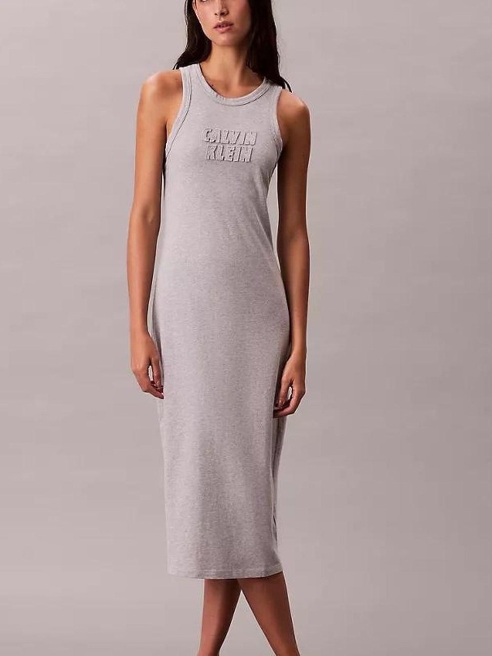 Calvin Klein Light Gray Ribbed Logo Tank Midi Dress